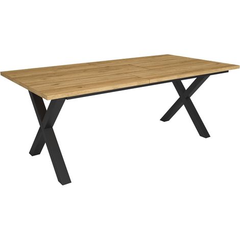 Skraut Home – Table à manger 194x90cm pour 10 personnes – Plateau mélamine chêne – Pieds métal X – Style industriel robuste