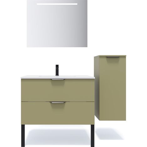 Meuble de salle de bain suspendu vasque intégrée 90cm 2 tiroirs Vert olive + miroir + colonne ouverture droite - Soho (1/5)