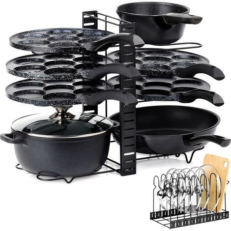 Supporto per pentole padelle e coperchi - metallo nero 2 in 1