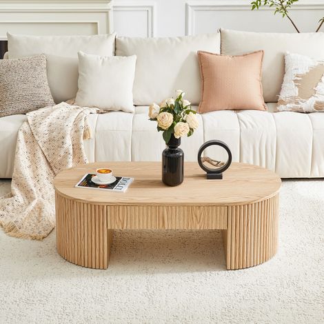 Table basse ovale aspect chêne 105x54x38 cm avec tiroir rangement, structure bois cannelé modèle moderne adaptée au salon devant canapé, naturel (1/5)