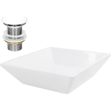 ML-Design Lavabo d'Appoggio in Ceramica Bianco Lucido Quadrato 410x410x120 mm Lavandino Design Moderno Minimalista Lavello Lavamani Sanitari Arredo per Bagno Toilette WC Ospiti con Piletta Push-Open