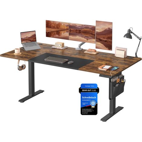 Bureau Électrique Réglable en Hauteur, 180 x 80 cm, Table Assis-Debout, Fonction Mémoire 4 Hauteurs, Port USB-C, pour Bureau, Télétravail, Marron Rustique et Noir Mat (1/5)