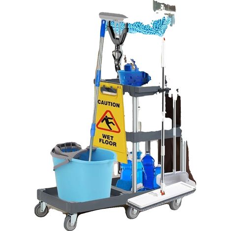 Chariot de nettoyage, plastique robuste, 3 étagères, roulettes, couvercle, sac en vinyle (1/5)