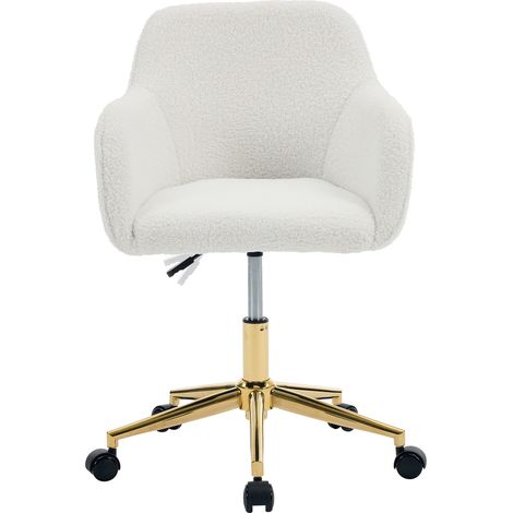 ELVMI Sedia da Ufficio Regolabile in Altezza Girevole a 360° con Ruote, Base in Metallo Dorata, Tessuto Teddy Avorio (1/5)