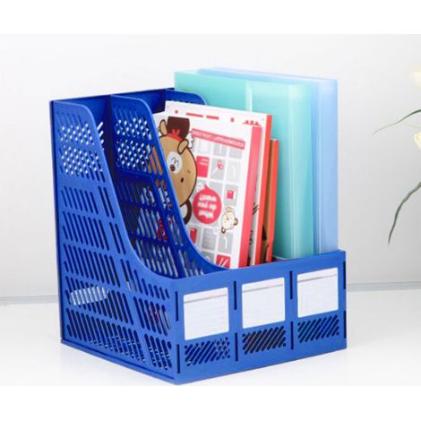 Organiseur de bureau, porte-documents, serre-livres, 3 compartiments, plastique bleu, pour le rangement sur table (1/5)