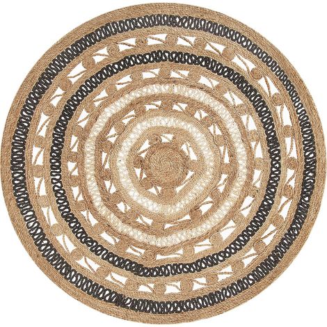 Tapis Rond Beige et Noir en Jute pour Chambre ou Salon au Style Bohème ø 140 cm Beliani