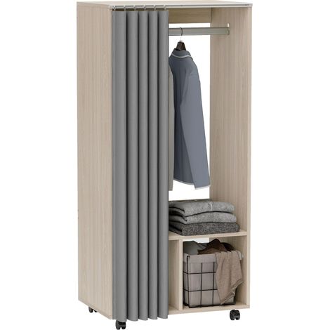Armoire penderie armoire de rangement mobile avec rideau, trengle de suspension, 60 x 40 x 128 cm, effet bois naturel