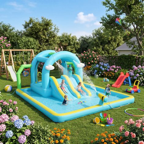 Château aquatique gonflable 7 en 1 avec souffleur, 2 toboggans, trampoline, piscine, panier de basket et colonne de boxe (426 x 360 x 198 cm) (1/5)
