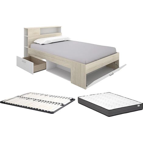 Letto con testata vani e cassetto 120x190cm Naturale e Bianco + Rete a doghe + Materasso - LEANDRE (1/5)