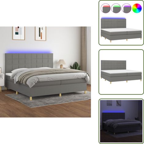 Sommier à lattes de lit et matelas et LED Gris foncé 200x200 cm - Sommier Tapissier - Lit Plateforme - Lit Avec Led - Matelas À Ressorts Ensachés - Têtière Ajustable (1/5)