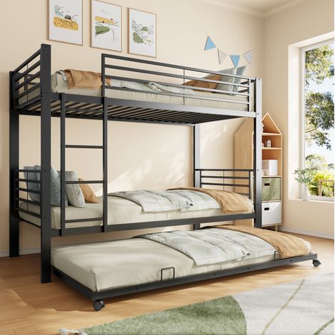 Letto a castello con letto estraibile 204x95.5x160 cm, 3 posti letto, struttura in metallo, nero (1/5)