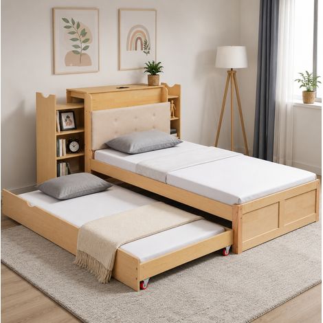 Cama nido 90x200 cm con cama supletoria de 180x200 cm, almacenamiento integrado, puertos USB, en madera natural, sin colchón (1/5)