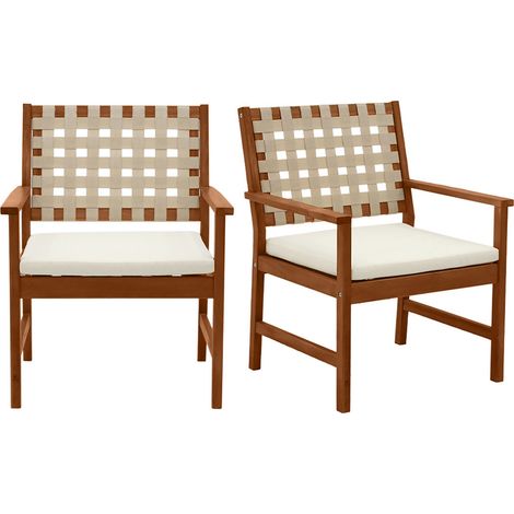 Poltrona da giardino in legno massello con cuscino bianco e strisce beige (set di 2) SANTANA