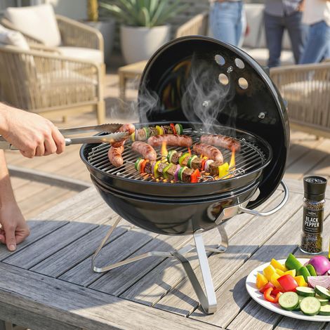 Barbecue à charbon portable rond avec couvercle, support et ventilation réglable Ø41x44 cm Noir