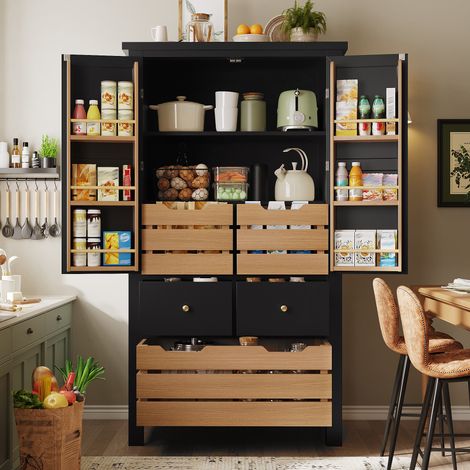 Meuble de cuisine (80 x 40 x 140 cm), buffet haut, buffet multifonction, meuble de rangement avec deux portes et cinq tiroirs, noir et blanc (1/5)