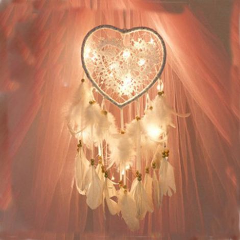 Atrape-rêves en forma de corazón, faits main, con luz LED. Decoración mural artesanal, cadeau ideal para una habitación de niña. (1/5)