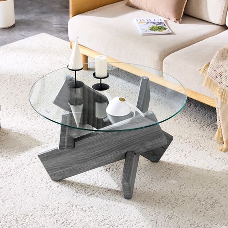 Mesa de centro redonda Ø79 cm x H45 cm – tapa de cristal de 0,8 cm y diseño moderno – cruz gris (1/5)