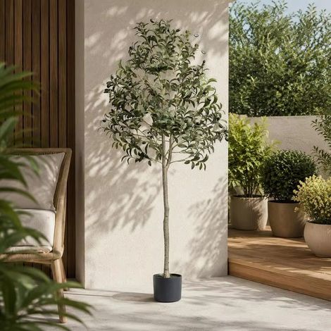Arbre d'olivier artificiel 60x60x155cm, plante artificielle en PE, fausses plantes en plastique en pot, fleur artificielle inodore et imperméable, idéale pour décorer la chambre, le bureau, le salon (1/5)