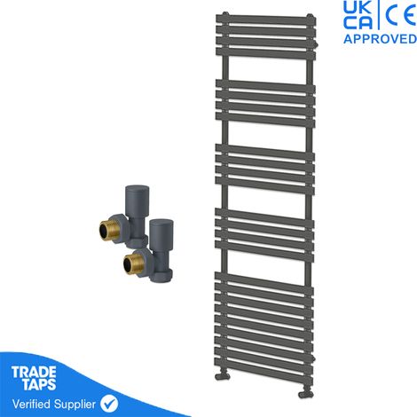 Designer Delta Anthracite Flat Panel Towel Radiator Heated Ladder Rail - 1742 x 500mm - Angled Manual Round Valve Pair (1/3)