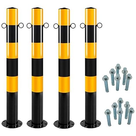 Poteau de Signalisation en Metal -Noir Jaune, Ø76mm, H750 mm  Poteau de Délimitation 2 œillets en acier, Pied, vis de fixation (1/5)