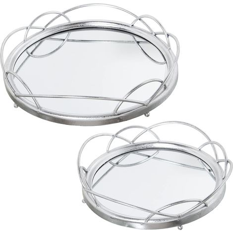 Ensemble de 2 Plateaux Ronds en métal argenté et Miroir 46 x 8 cm et 38 x 9 cm (1/3)