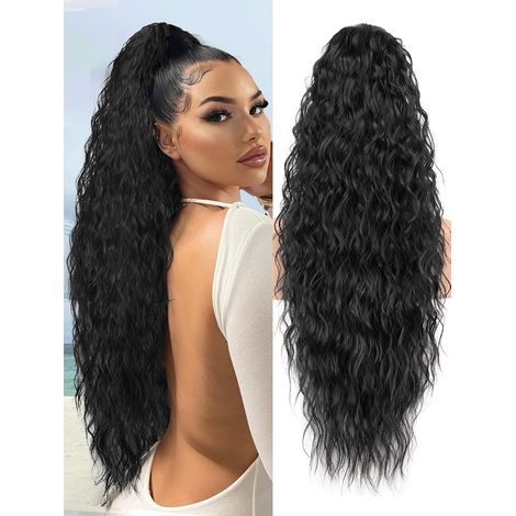 Queue de cheval longue ondulée à clip de 76 cm (30 pouces), en fibres synthétiques bouclées, pour femmes et filles (76 cm, noir) - Glad