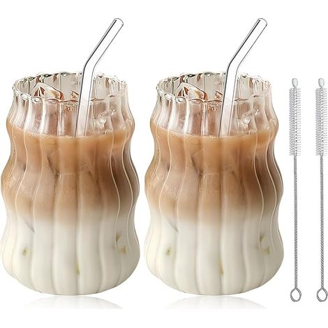 Verres À Eau Ondulés Tasses À Café Expresso Verre Boisson Avec Pailles Brosse Pour Thé Cappuccino Au Lait Bière 530ml (1/5)