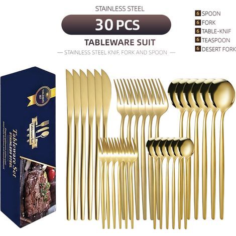 Lot de 30 couverts en acier inoxydable doré, couteaux, fourchettes, cuillères pour steak, café et dessert, coffret cadeau pour 6 personnes (1/5)