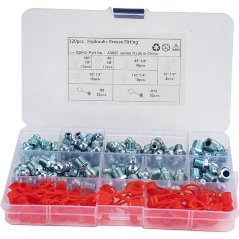 140 pièces Embouts de Graisse Hydrauliques Zerk Fer avec Bouchons Angles Droit et Droit Kit de Raccords Résistants à Usure avec Boîte de Rangement Portable (1/5)