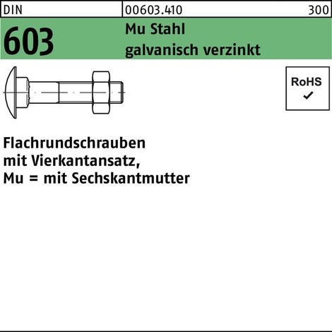 Flachrundschraube DIN 603 m.Vierkantansatz/6-kantmutter M 6 x 30Mu Stahl 4.6 galvanisch verzinkt 100 Stück