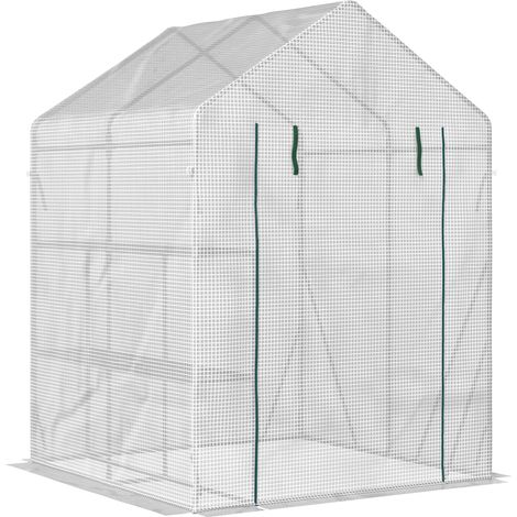 Walk In Greenhouse with 2 Tier Shelf, Portable Gardening Plant Grow House Tomato Greenhouse with Roll up Zip Panel Door, Reinforced PE Cover, 143 x 143 x 195cm, Green