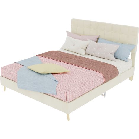Lit double 140x200 en velours beige, tête de lit capitonnée à carreaux, structure stable et pieds en bois, style moderne pour chambre adulte  CHICFURN (1/5)