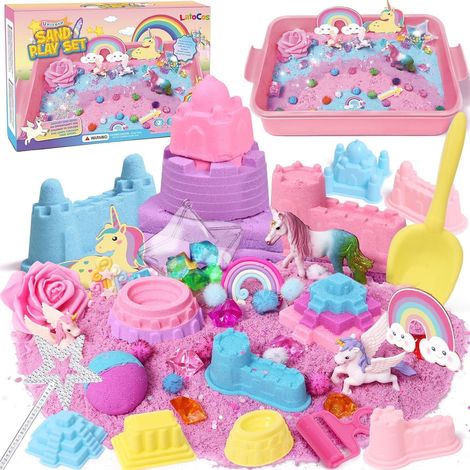 Sable Magique Cadeau de Licorne Fille Jeu de Sable Kit, Bac à Sable Magique, Coloré Sable, Moules de Sand, Figurines Licornes, Jouet Sensoriel de Sable Cadeau d'anniversaire Enfant de 3+ Ans (1/5)