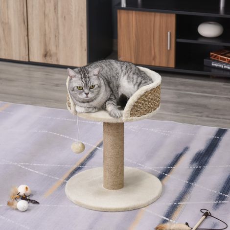 Kratzbaum mit Kratzstamm für ausgewachsene Katzen und Kätzchen, Liegefläche mit Katzenbett, Jutestange und Hängeball, 40 x 40 x 49 cm, Beige