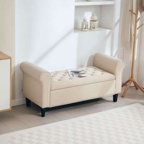 Panca Fondo Letto in Tessuto Vellutato con Spazio Portaoggetti e Braccioli, 126x48.5x57 cm, Beige (1/5)