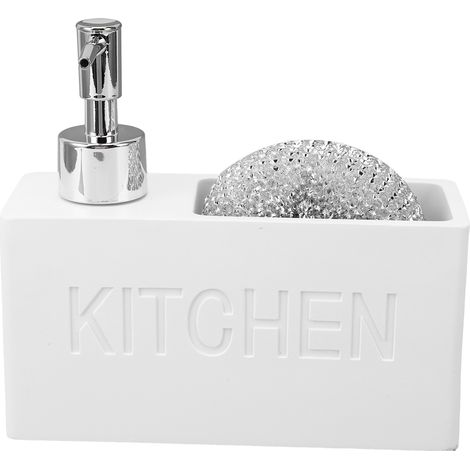 Dispensador de jabón de cocina con soporte de acero inoxidable para esponja y cepillo, recipiente de resina para una limpieza económica y eficiente. (1/5)