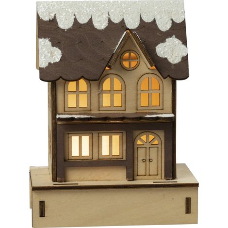 HGD Dekoaufsteller Stadthaus mit Timer 10 x 14 cm warmweiß natur/braun