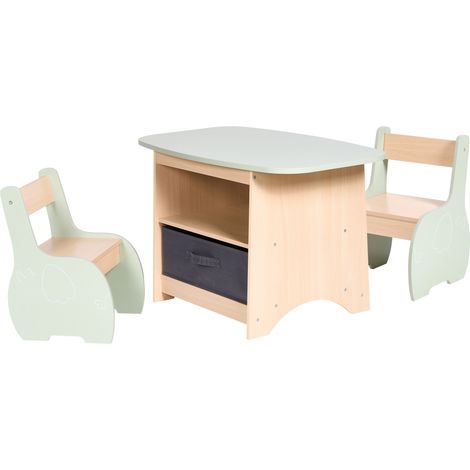 Conjunto de mesa y sillas infantil elegante de 2 plazas de MDF con caja de almacenaje habitación infantil marrón claro y verde Lucas (1/5)