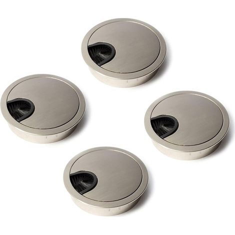Ensemble de 4 cache-câbles ronds en métal brossé argenté, à encastrer sur les tables et meubles de bureau passe-câbles de 60 mm (1/5)