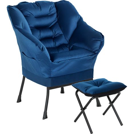Fauteuil lounge avec repose-pieds, fauteuil relaxant avec poches latérales et pieds en acier pour salon ou chambre, bleu (1/5)