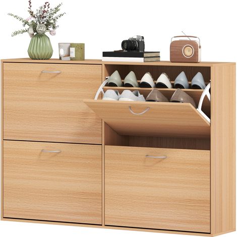 Meuble à chaussures d'entrée compact 4 portes abattants, étagère à chaussures moderne en bois pour 24 paires, étagères réglables, 120x24x81 cm, couleur bois