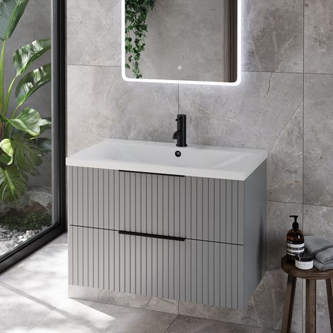 Helix 460 Fluted Pebble Grey 600mm Wall Mounted 2 Drawer Vanity Unit with Glide Basin