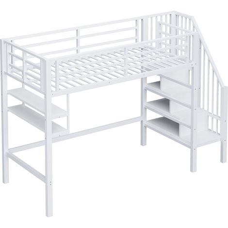 Letto a soppalco per bambini 90 x 200 cm bianco con scaffali e scala contenitore (1/5)