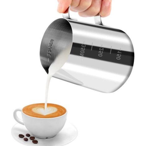 Jarra de leche de acero inoxidable 304, 350 ml con graduaciones, ideal para espumar leche, preparar capuchino y zumos. (1/4)