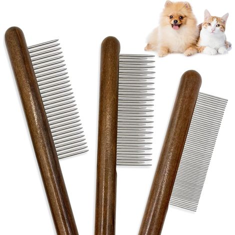 This three-piece set includes a solid wood cat comb, stainless steel teeth for massaging cats, dogs, and rabbits, and a flea and tick comb to remove tangles, knots, and loose fur. Suitable for small t (1/5)