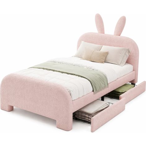 Letto Singolo per Bambini con 2 Cassetti e Testiera Coniglio, 90 × 200 cm, senza Materasso, in Peluche e MDF, Rosa (1/4)