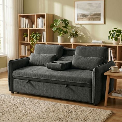 Sofá Cama 2 Plazas 3 en 1 con Mesa Auxiliar Portavasos Respaldo Ajustable Bolsillos Laterales 2 Almohadas Gris Oscuro (1/5)
