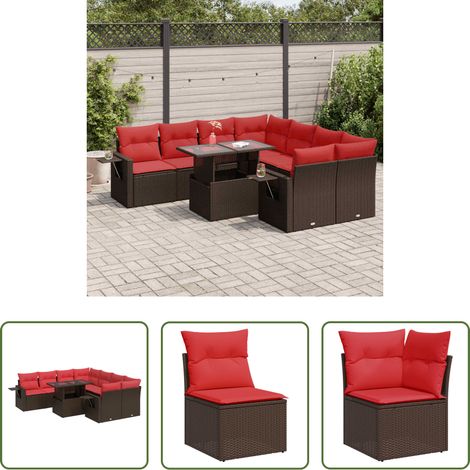 Gartentisch - 9-tlg. Garten-Sofagarnitur mit Kissen Braun Poly Rattan Akazie (1/5)