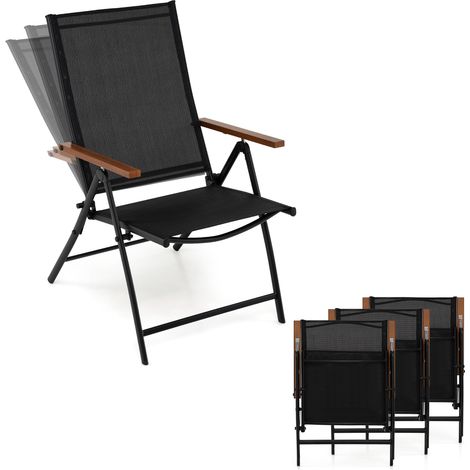 Lot de 4 Chaises de Jardin Extérieures, Chaise Pliante avec Dossier Ajustable à 5 Positions, Accoudoirs, Cadre en Métal, pour Jardin, Balcon, Noir (1/5)