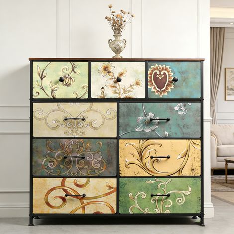 Commode 9 Tiroirs en Tissu - Commode de Chambre - Meuble de Rangement avec Structure en Métal - Meuble Salon Rangement -Multicolore (1/5)
